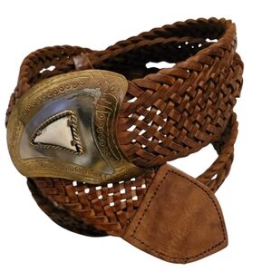 CHICO'S Vintage cognac brown leather braided woven Moroccan bohemian belt M/L